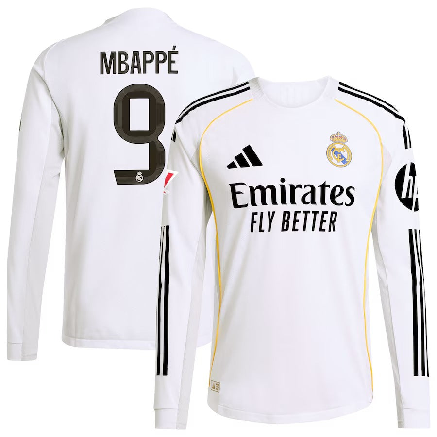 Kylian Mbappé Real Madrid adidas 2025/26 Home Long Sleeve Soccer Shirt - White