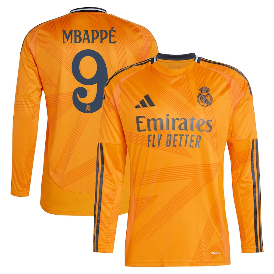 Real Madrid 2024/25 Away Long Sleeve Player Kylian Mbappé 9 Shirt - Orange