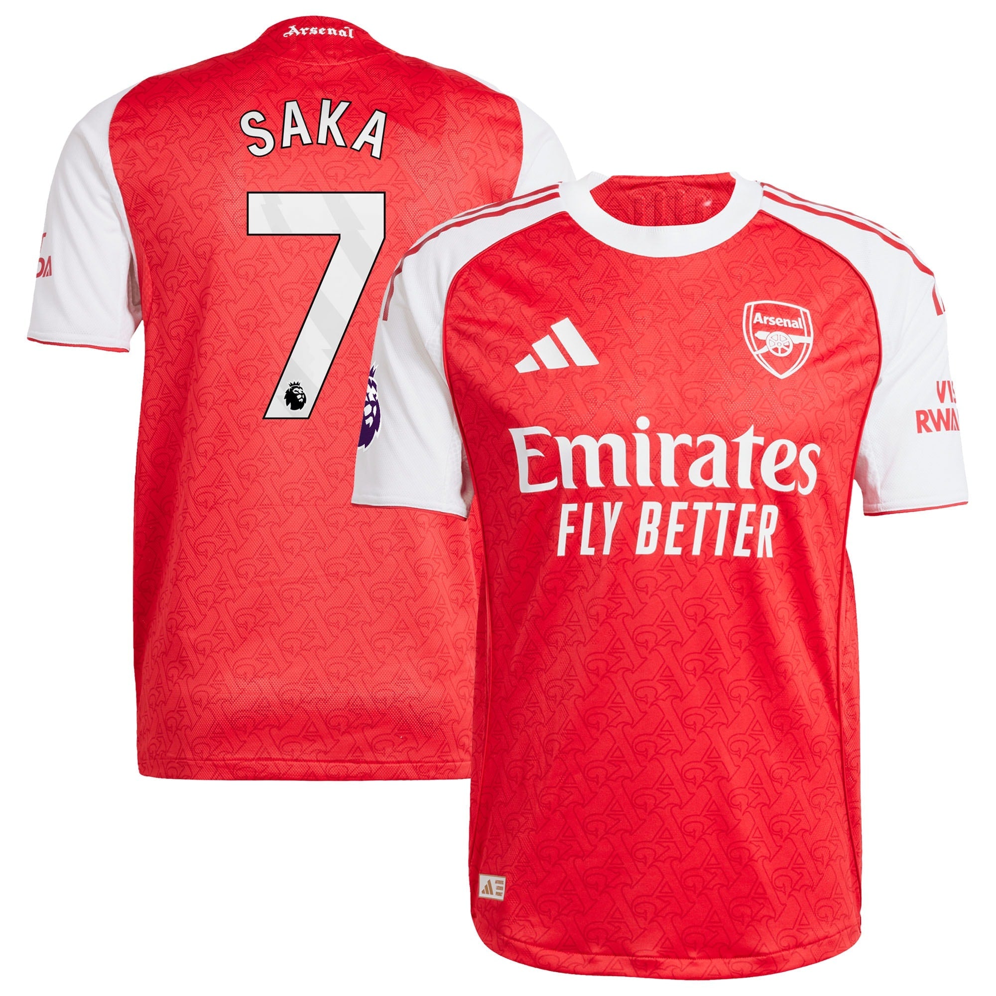 Bukayo Saka Arsenal 2025 Home Jersey by adidas red and white football shirt with number 7 and Emirates Fly Better logo