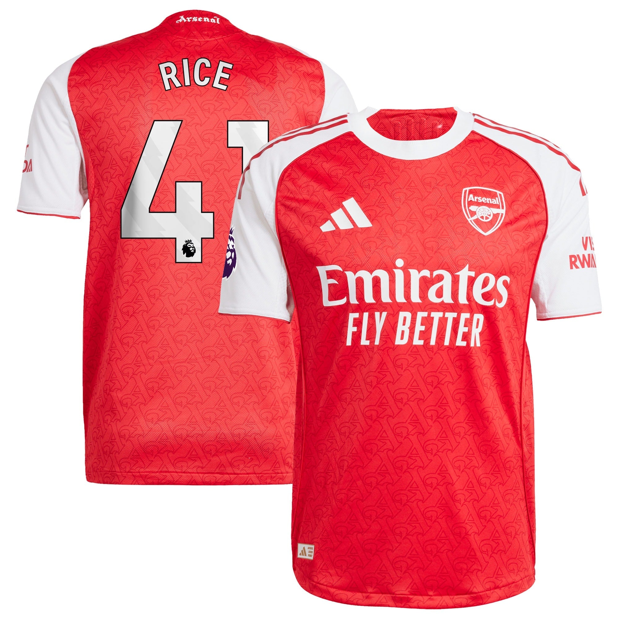 Adidas Declan Rice Arsenal jersey 2025 in red and white with Emirates Fly Better sponsor logo