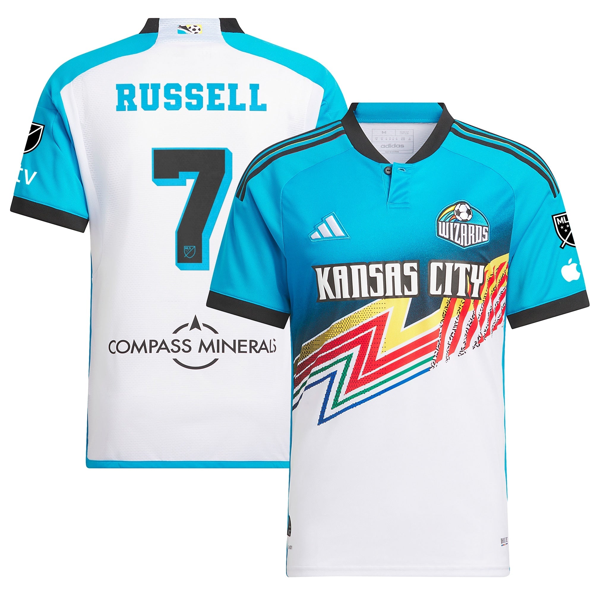 adidas Johnny Russell 2025 Kansas City jersey with blue and white design featuring team logos and number 7