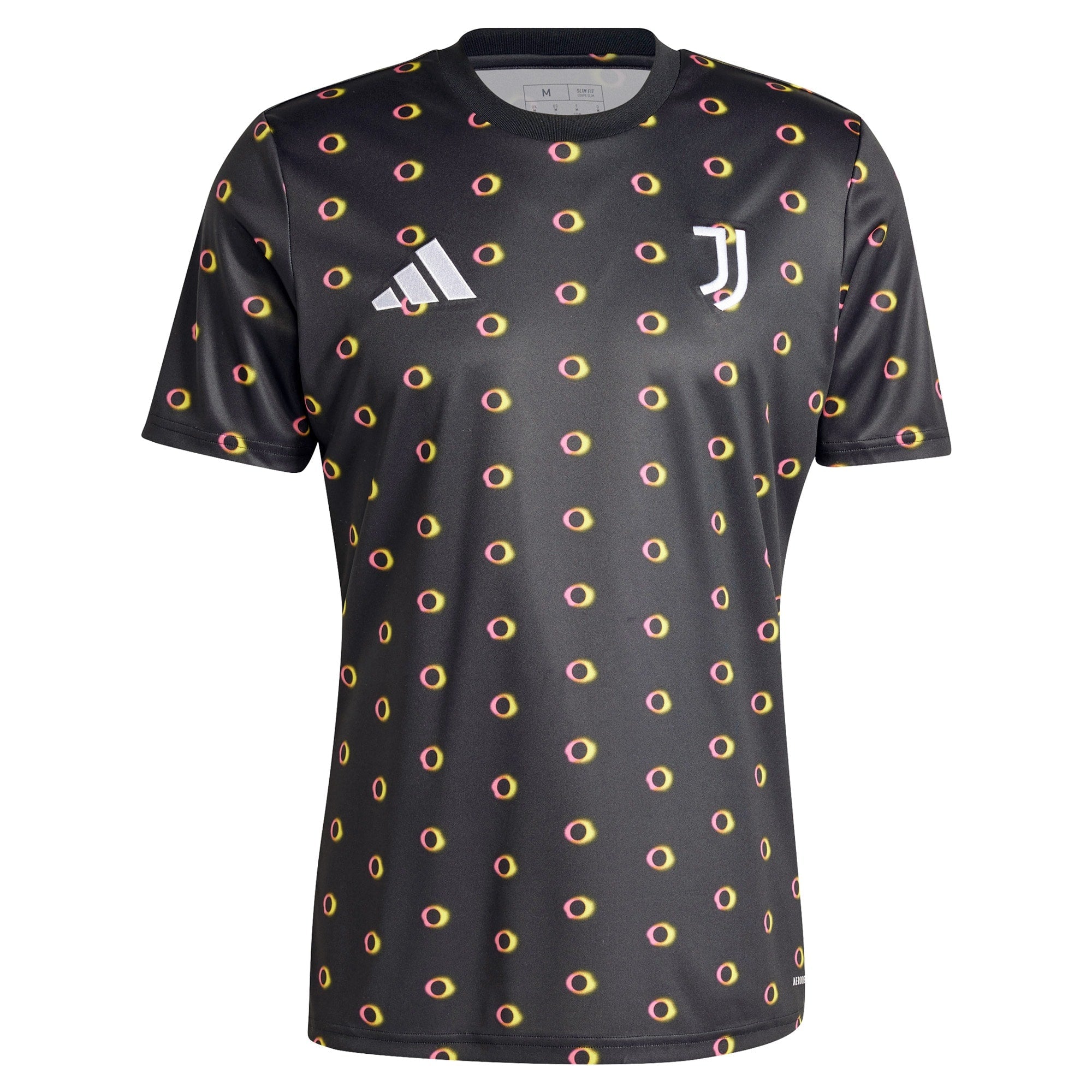 Adidas Juventus pre-match top 2024 in black with yellow and pink circular pattern and club logo