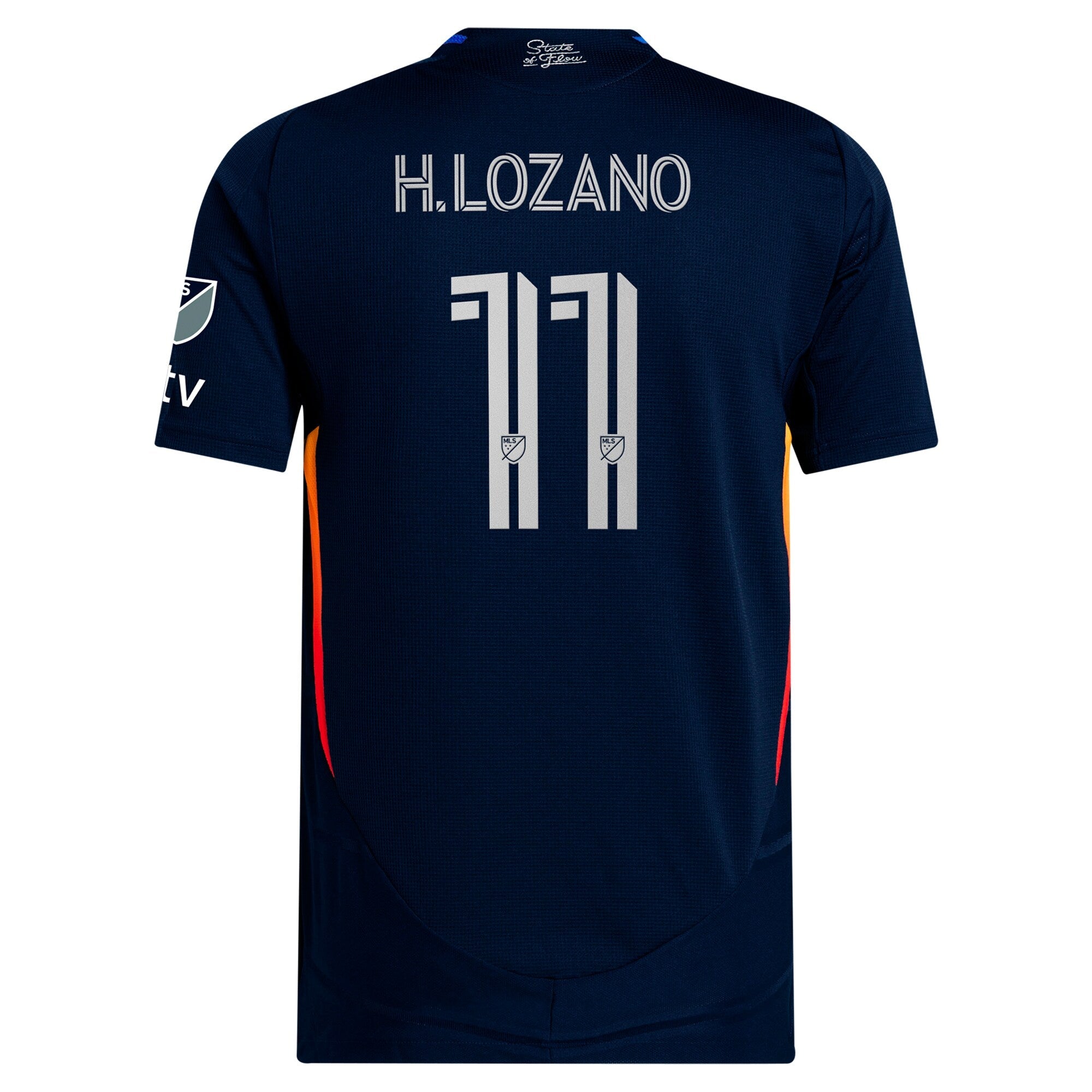 Adidas Hirving Lozano San Diego FC jersey in navy blue with number 11 and MLS logo on back