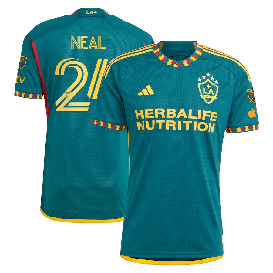 adidas LA Galaxy 2024 jersey in teal with colorful collar and sponsor logo for fans