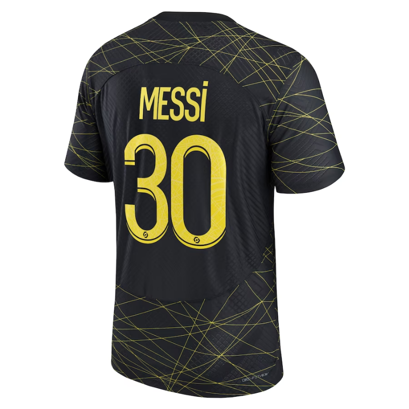 Lionel Messi authentic jersey in black with yellow accents and number 30 on the back