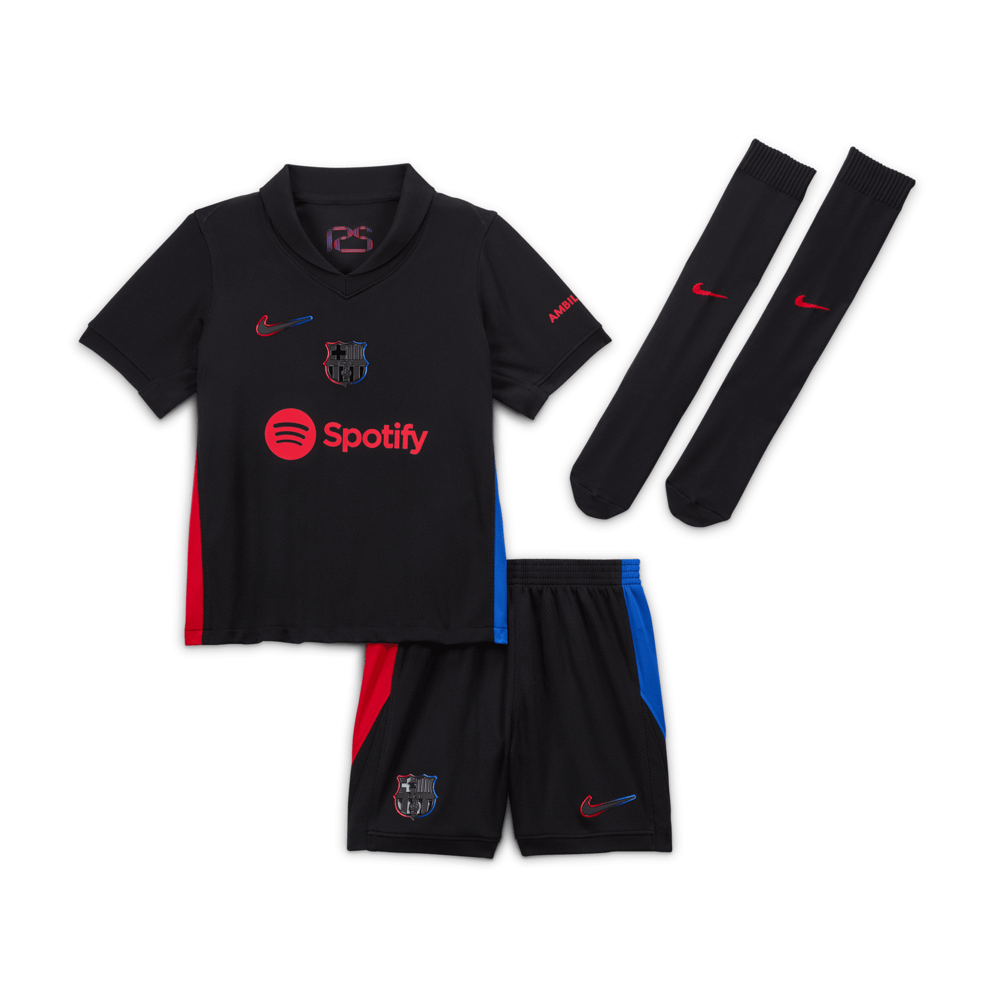 Puma Barcelona away kit 2024-25 kid with black jersey, shorts, and socks featuring red and blue accents