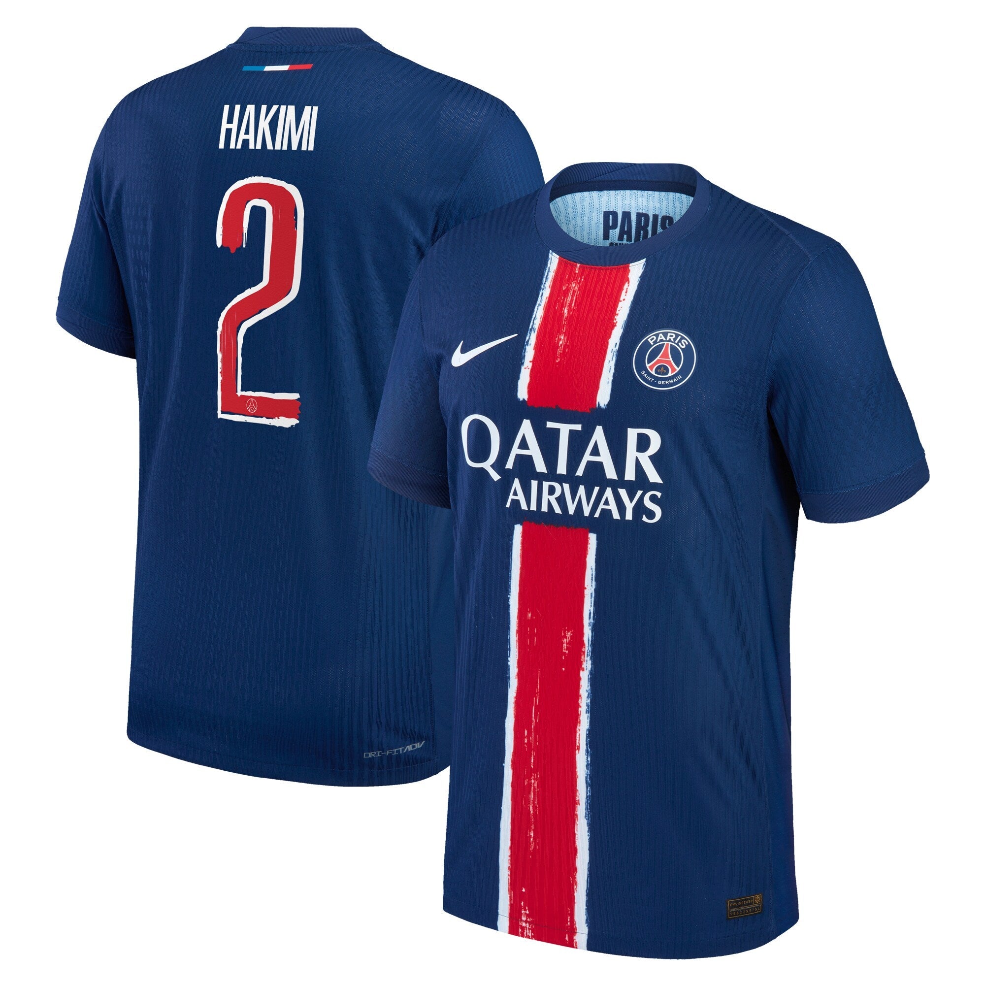 Nike Paris Saint-Germain 2025 jersey in blue with red and white stripe and Hakimi number 2 on back