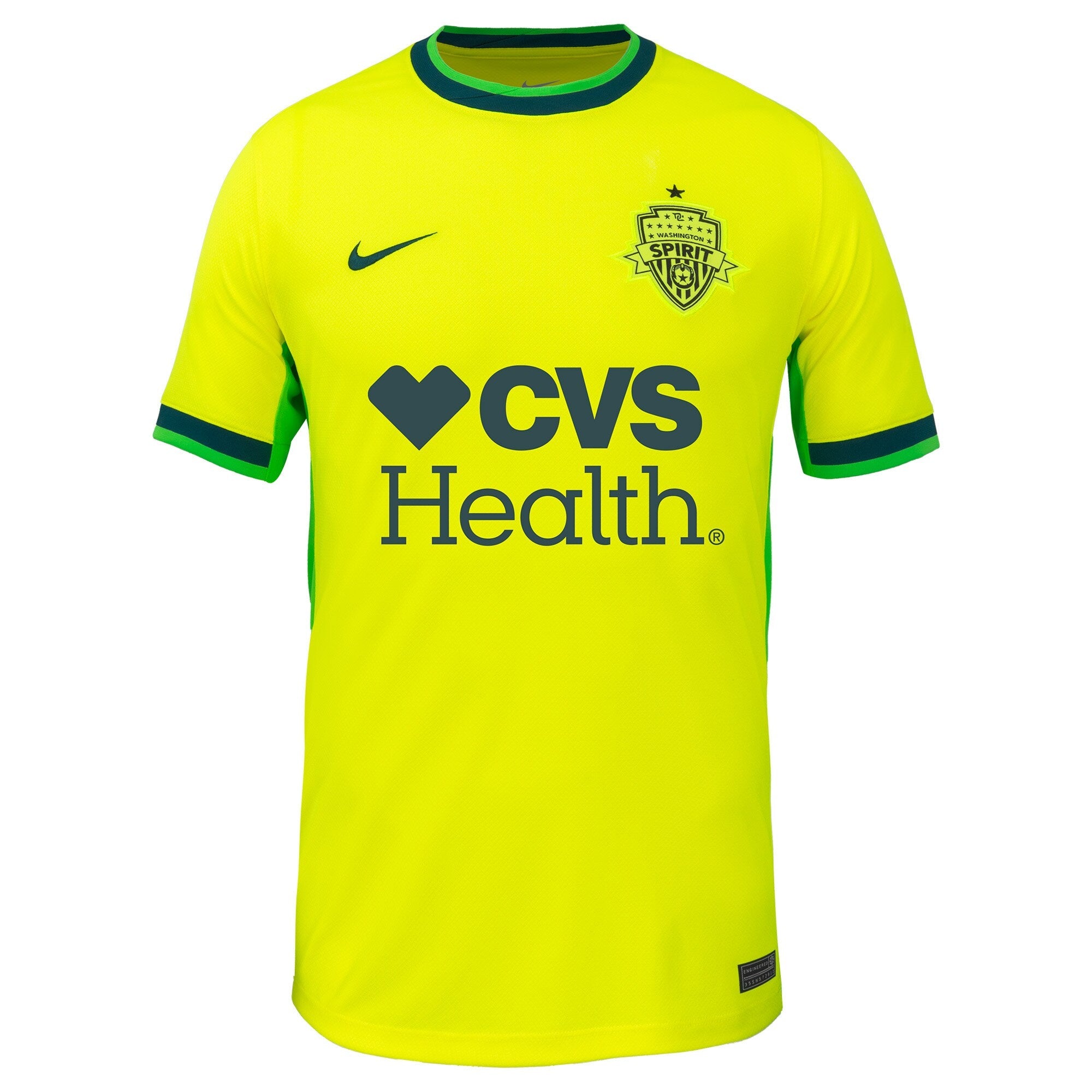 Nike Washington Spirit 2025 Shockwave Kit bright yellow soccer jersey with CVS Health logo