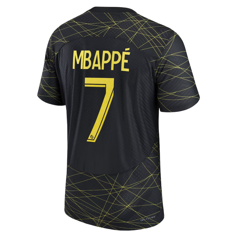 Paris Saint-Germain black Authentic jersey featuring Mbappé and striking yellow design