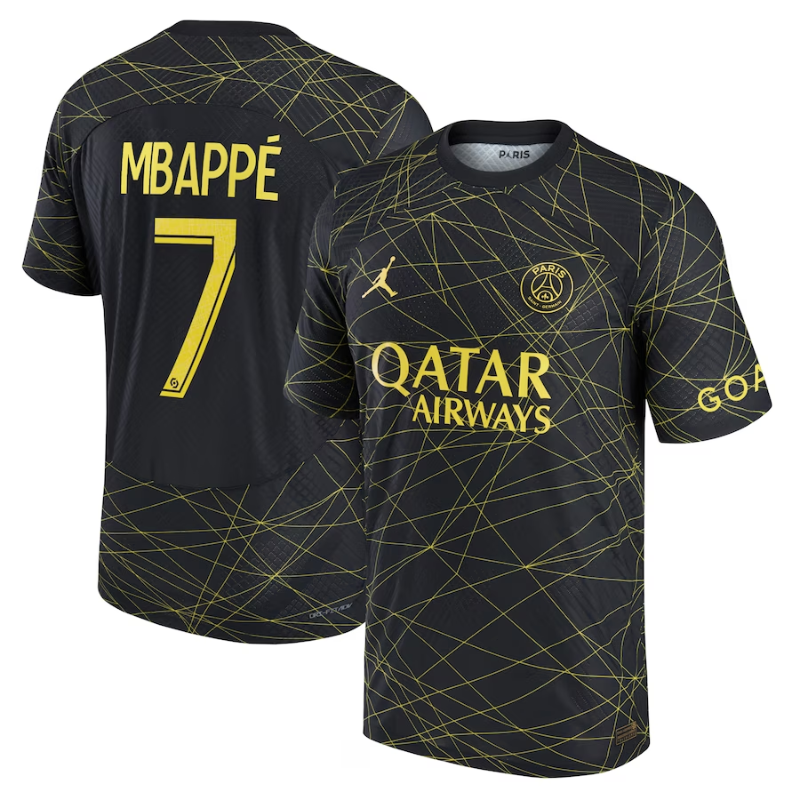 Paris Saint-Germain black Authentic jersey featuring Mbappé number 7 and stylish gold graphics