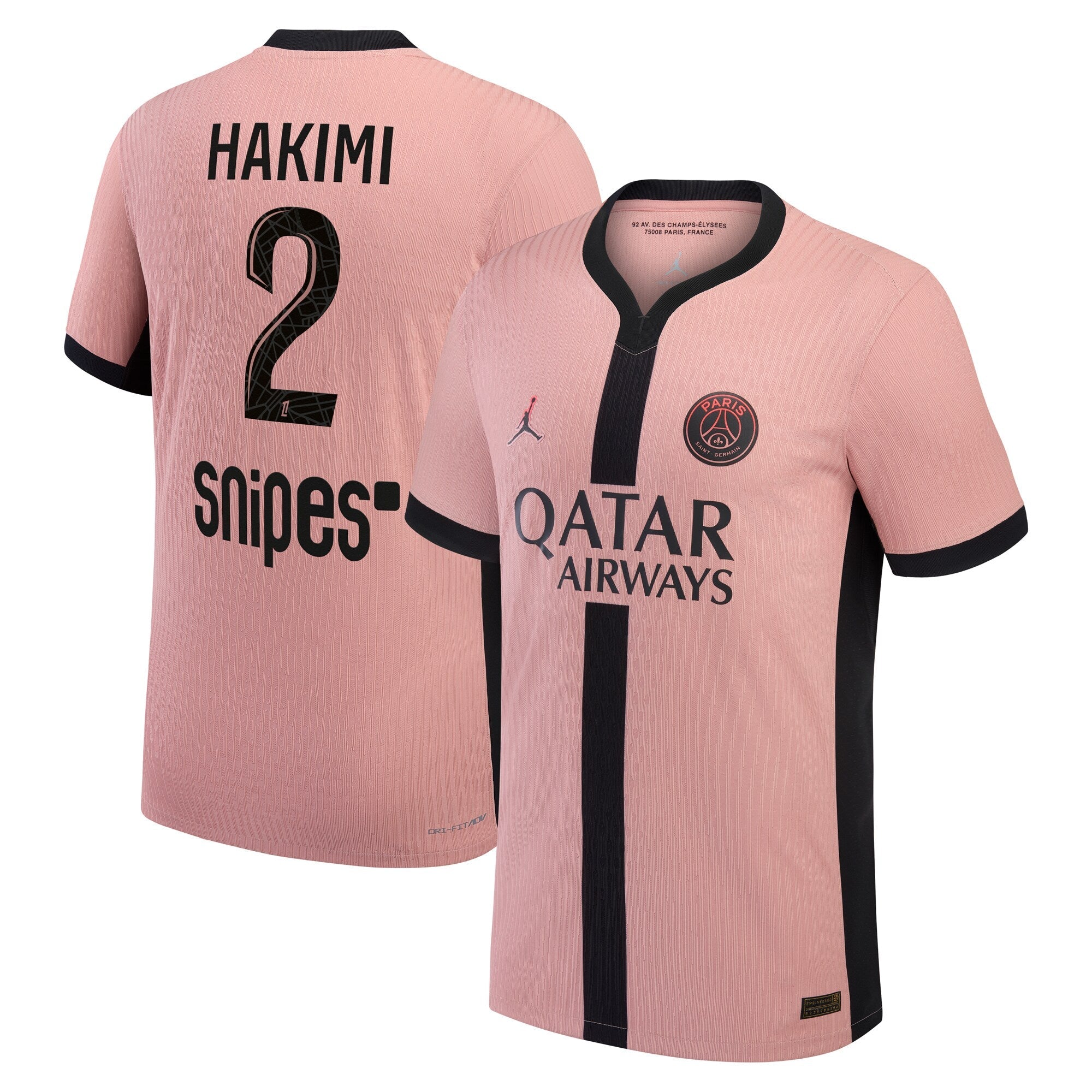 PSG Jordan Match Jersey 2025 pink soccer jersey with Hakimi number 2 and Qatar Airways sponsor logo