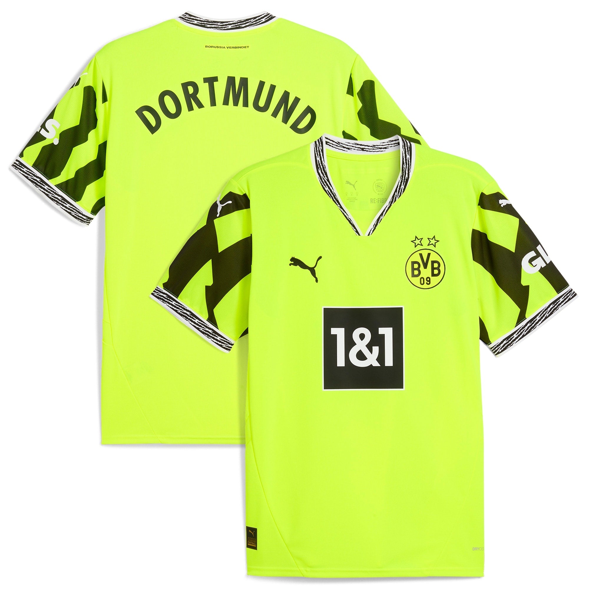 Puma Borussia Dortmund 2024 jersey in bright yellow with black details and sponsor logos front and back