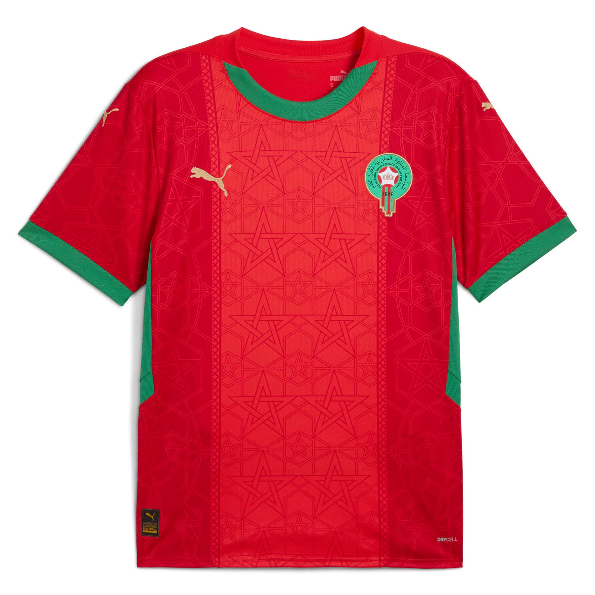 Morocco Puma home jersey 2025 in red with green collar and sleeve trim featuring team crest and Puma logo