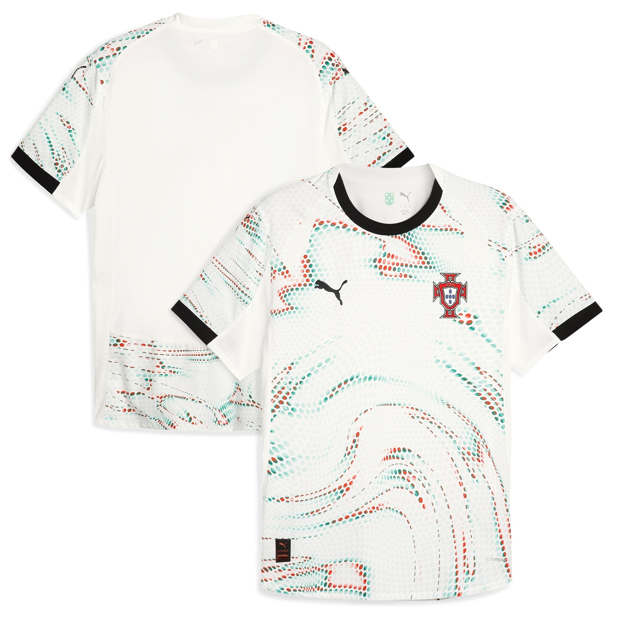 Puma Portugal 2025 Away Jersey with white base and abstract red and green wave patterns