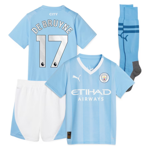 Manchester City Home Kids Kit 2023-24 De Bruyne 17 printing Jersey  - Blue - Jersey Teams World