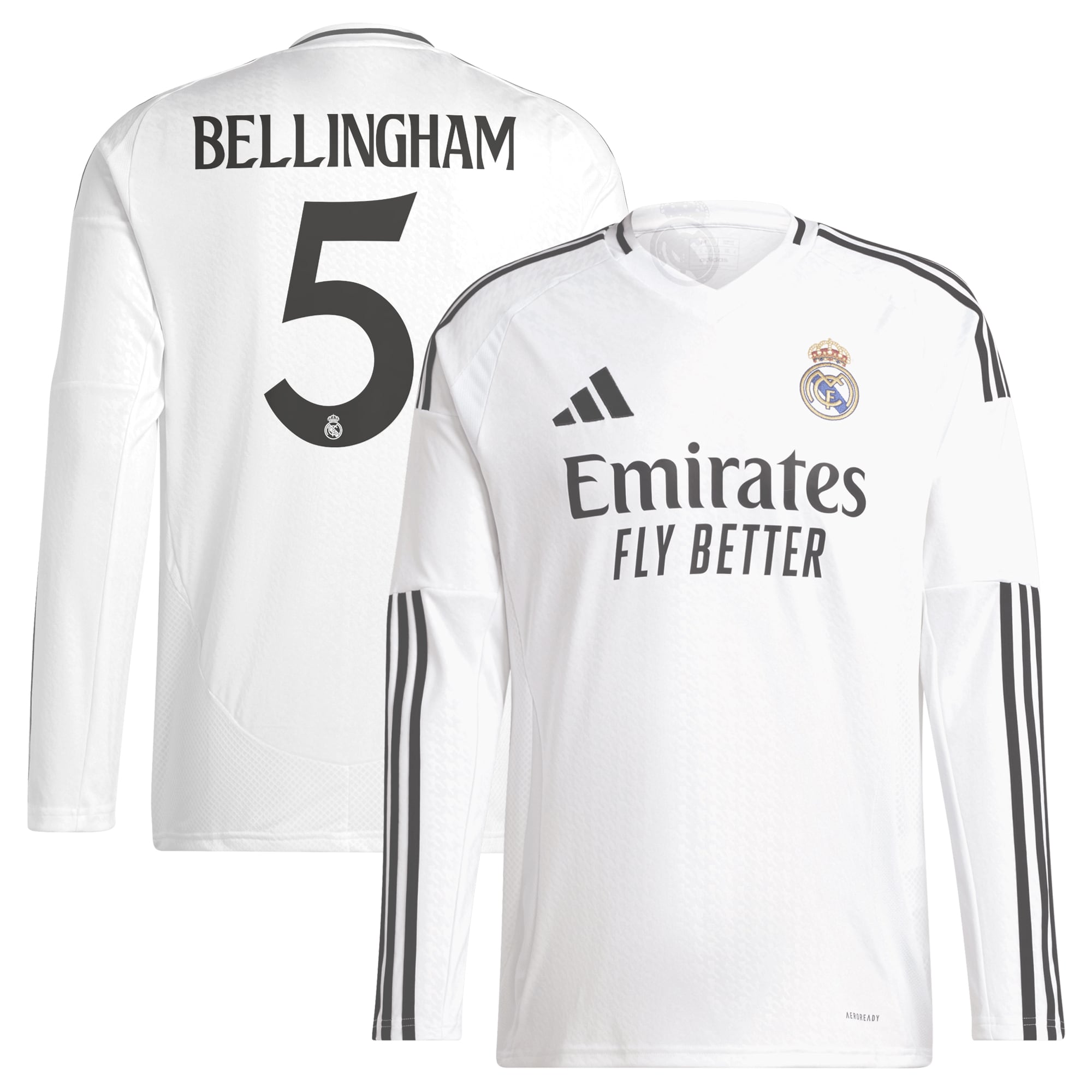 Real Madrid 2024/25 Home Long Sleeve Jude Bellingham 5 Player Shirt - White
