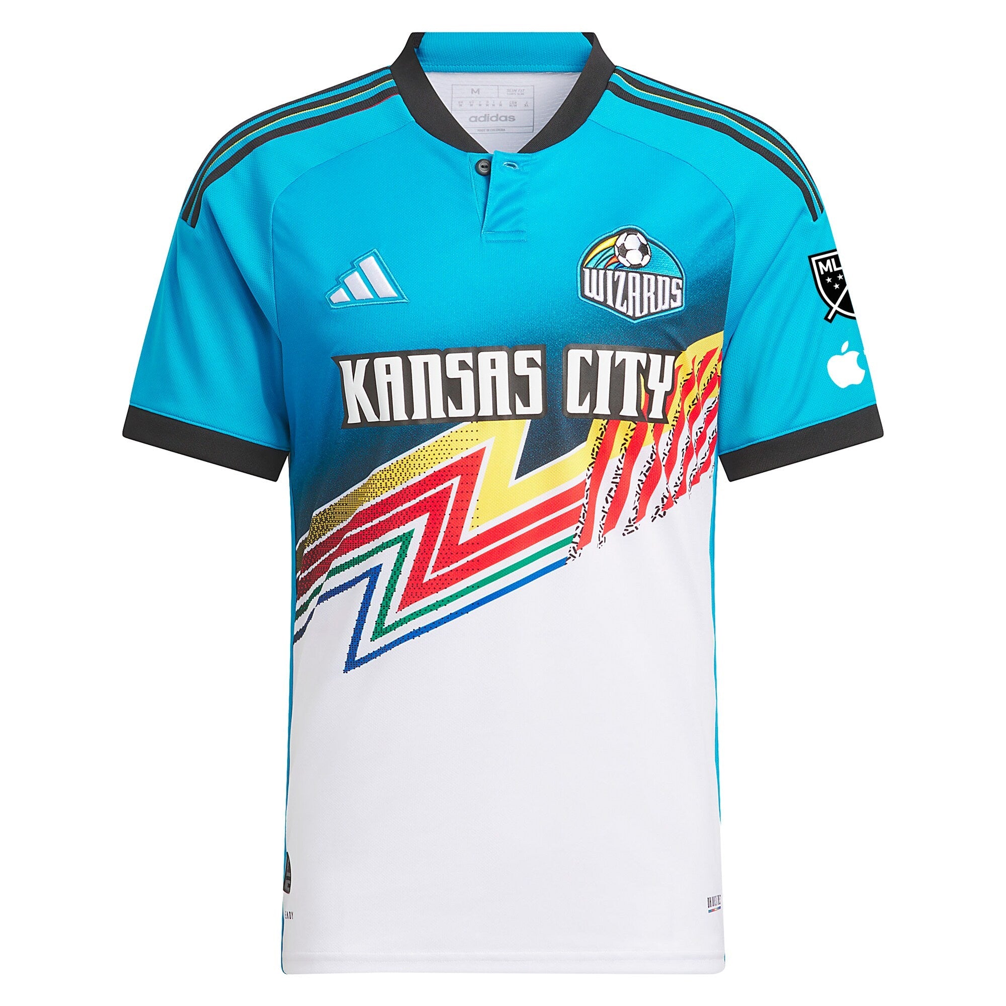 Adidas Johnny Russell 2025 Kansas City jersey in blue and white with colorful graphic design and Wizards logo