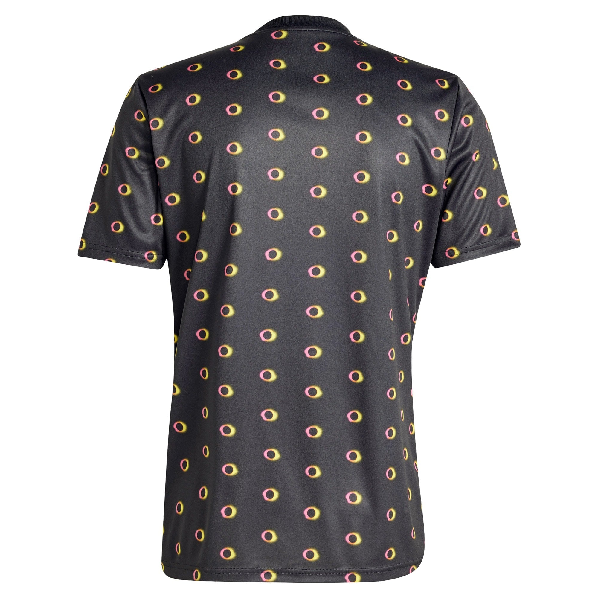 Back view of adidas Juventus pre-match top 2024 in black with yellow and pink circular pattern