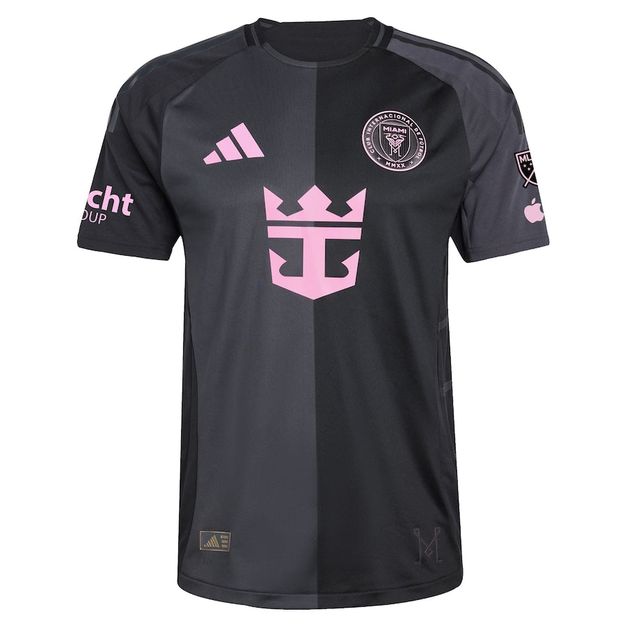 Adidas Luis Suárez Inter Miami jersey in black and pink with team badges and sponsor logos