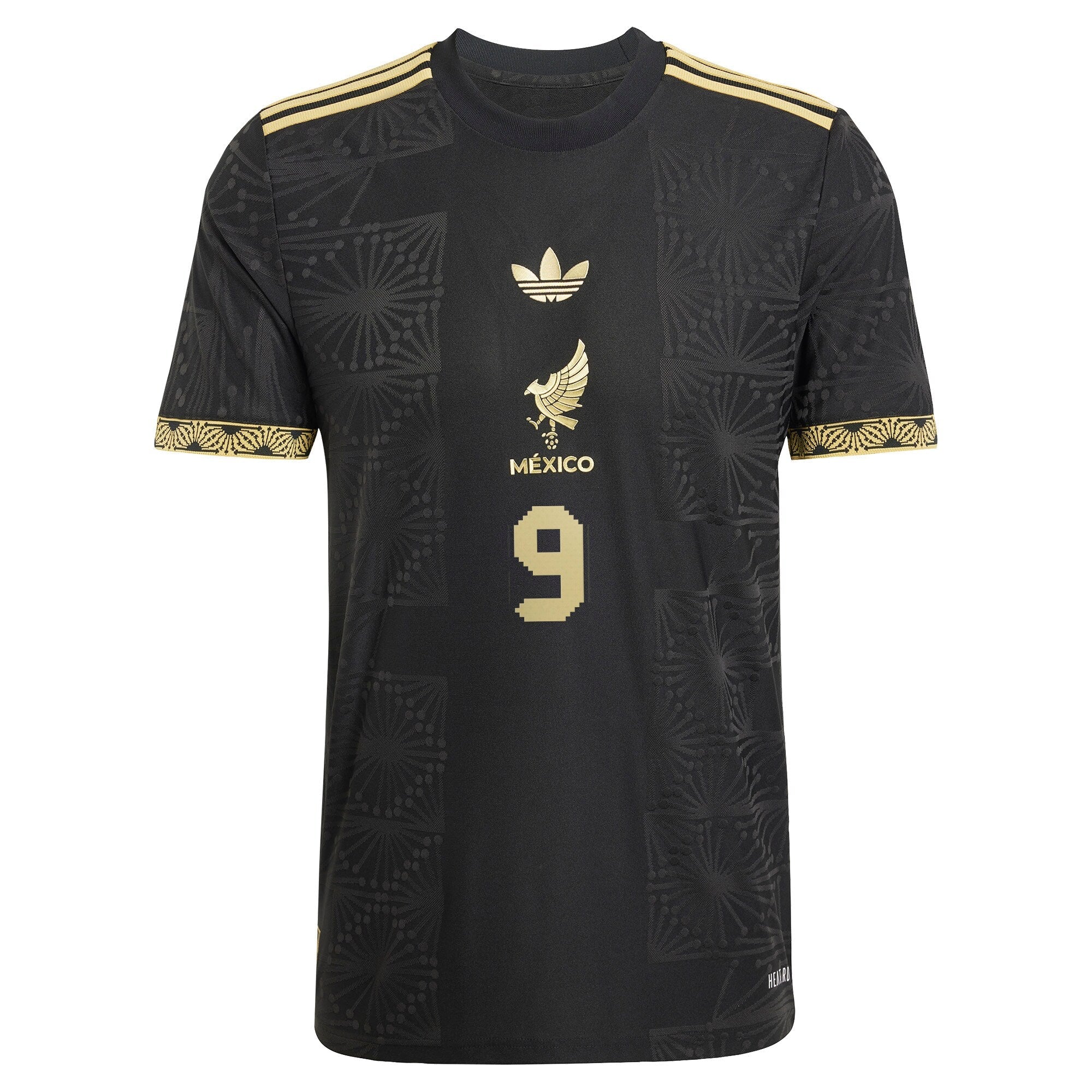 adidas Raul Jimenez Mexico 2025 Jersey in black with gold details and number 9 front design