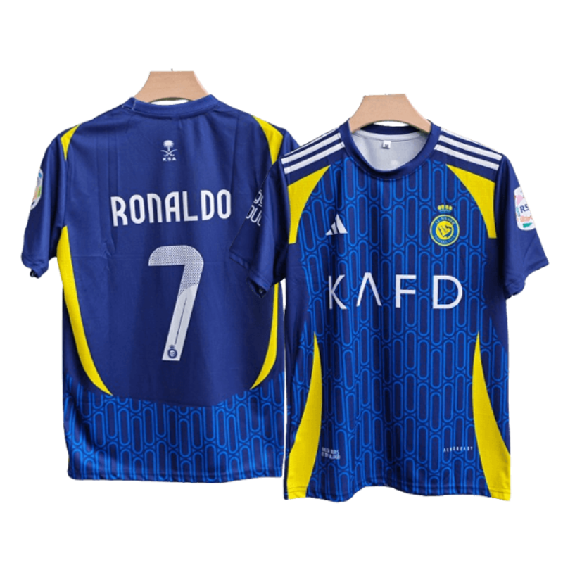 adidas Al Nassr Ronaldo Away Jersey 2025 in blue with yellow accents and Ronaldo number 7 on the back