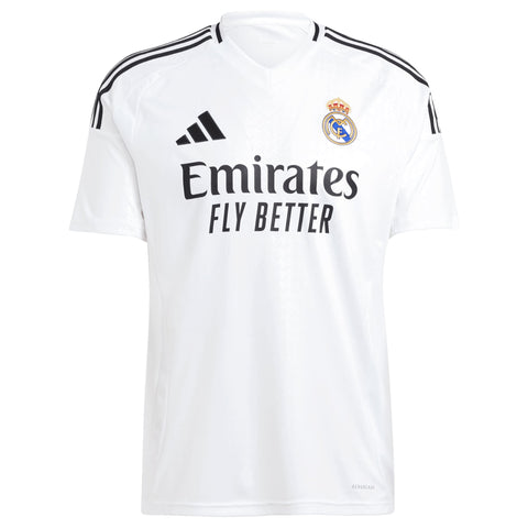 adidas Cristiano Ronaldo Real Madrid jersey 2025 in white with black stripes and sponsorship logo