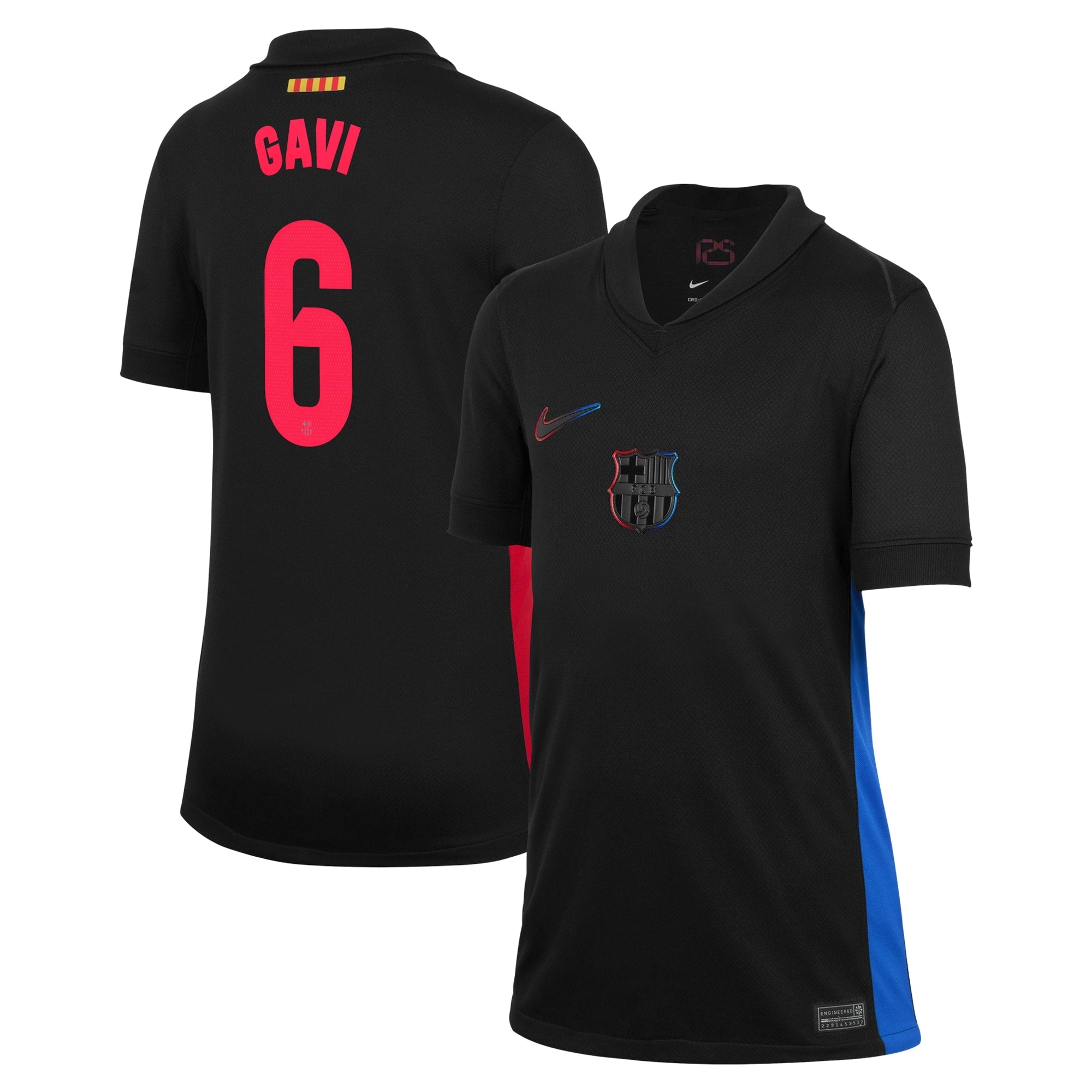 Nike Gavi Barcelona Away Jersey 2025 in black with red and blue accents and number 6 on back