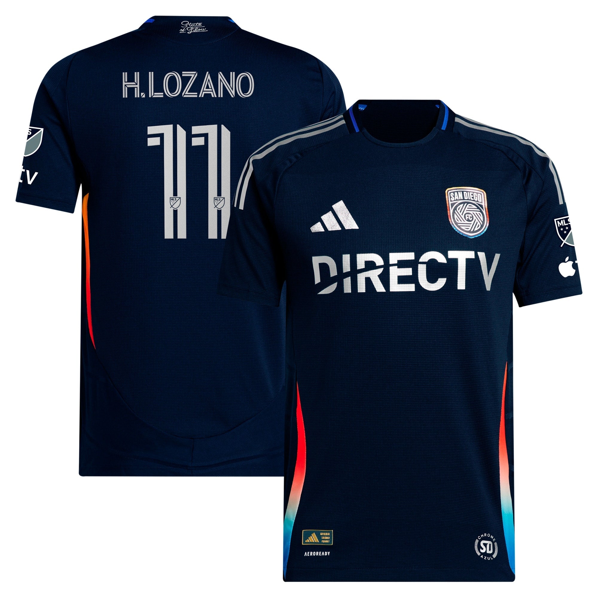 Adidas Hirving Lozano San Diego FC jersey in navy blue with player name and number 11