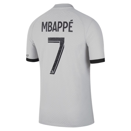 Kylian Mbappé PSG Away Jersey 2022 in gray with player name and number 7 on the back