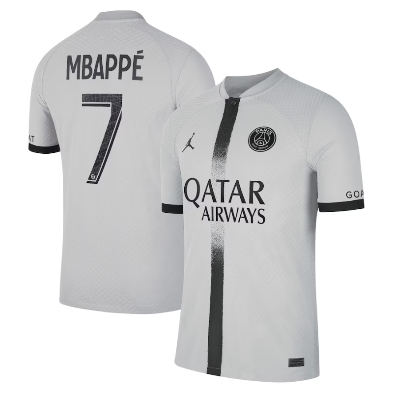 Kylian Mbappé PSG Away Jersey 2022 in White with Black Accents and Number 7