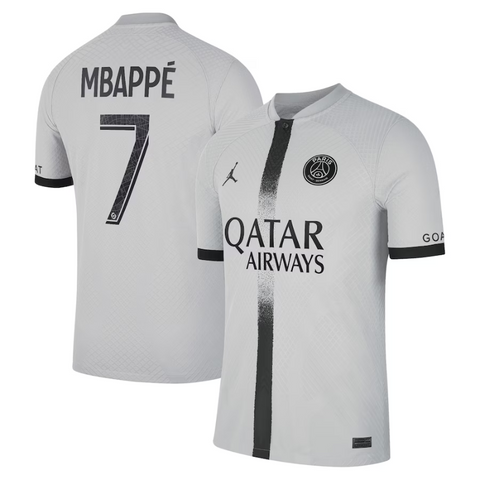 Kylian Mbappé PSG Away Jersey 2022 in White with Black Accents and Number 7