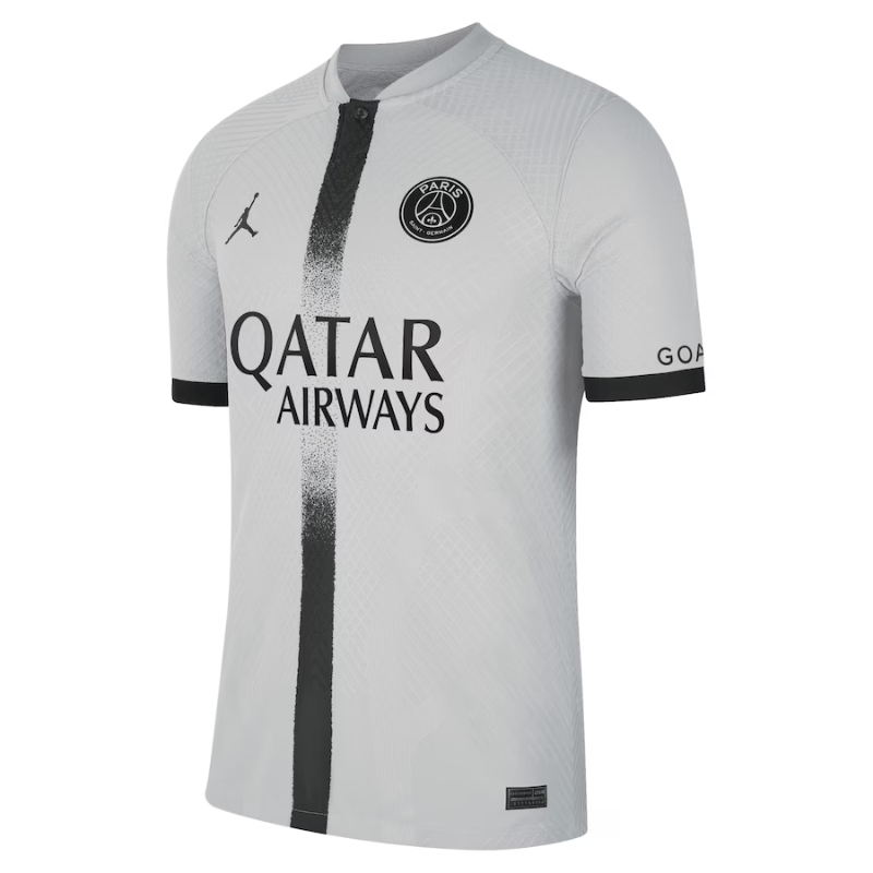 Jordan Brand Kylian Mbappé PSG Away Jersey 2022 in gray with iconic logo and sponsor details