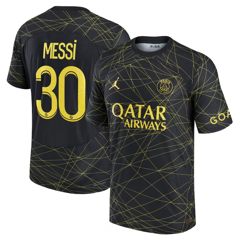 Lionel Messi authentic jersey in black with yellow accents and number 30, featuring Qatar Airways logo