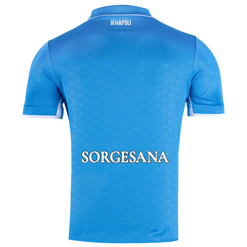EA7 Napoli match shirt blue 2025 with Sorgesana sponsor logo on back and white collar detailing