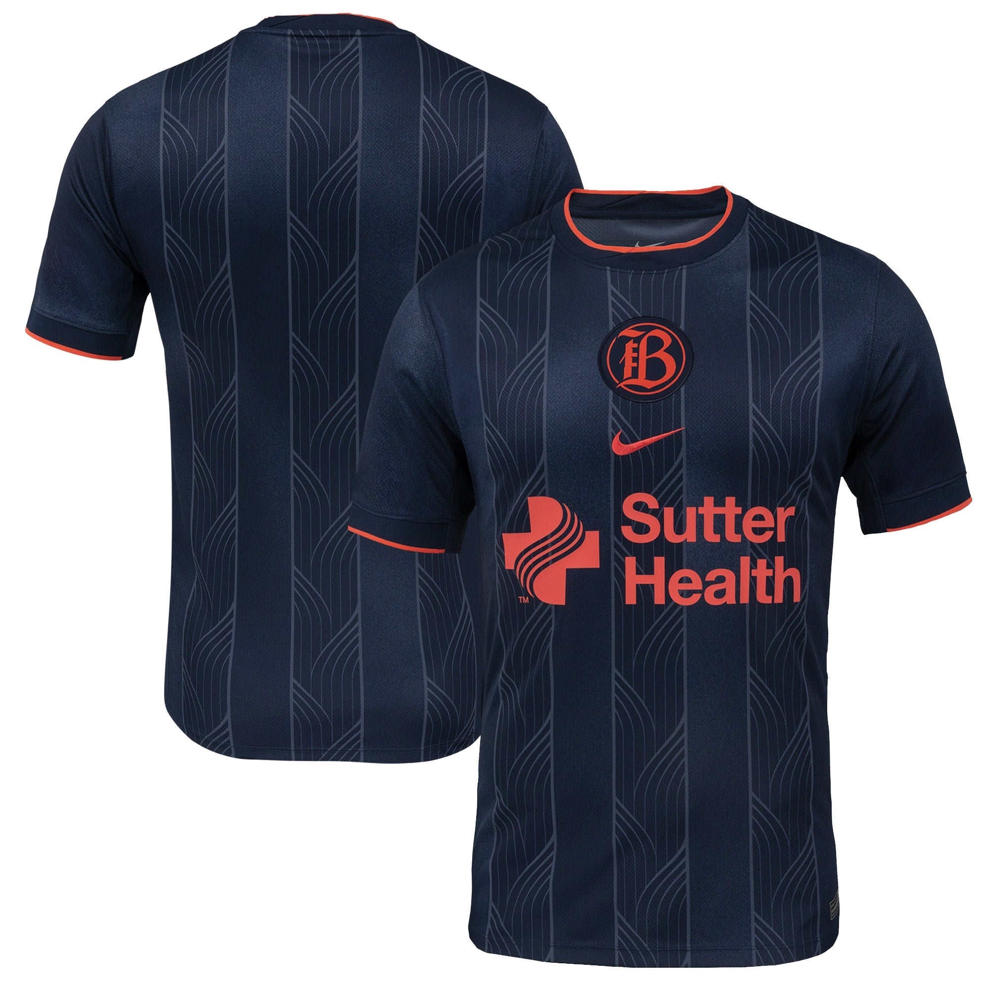 Bay FC Nike 2025 jersey in navy with red accents and Sutter Health logo on front