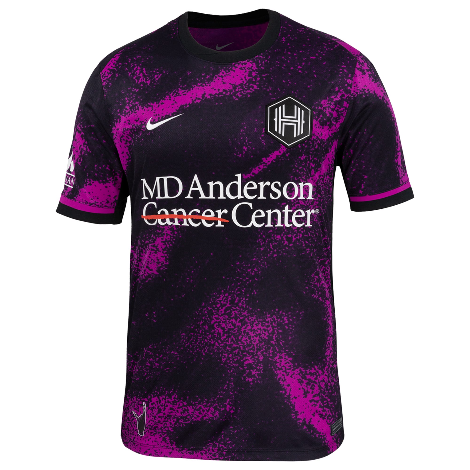 Nike Houston Dash Cosmic Storm Jersey with black and purple cosmic design and MD Anderson Cancer Center logo