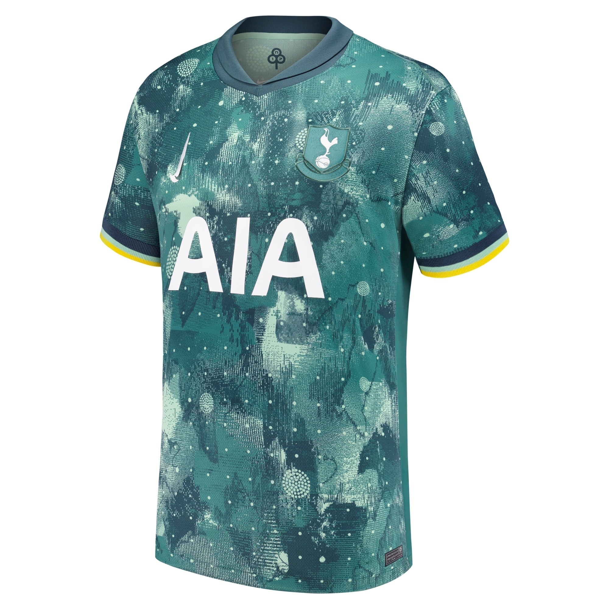 Nike James Maddison Tottenham jersey 2025 in green with abstract pattern and AIA sponsor logo