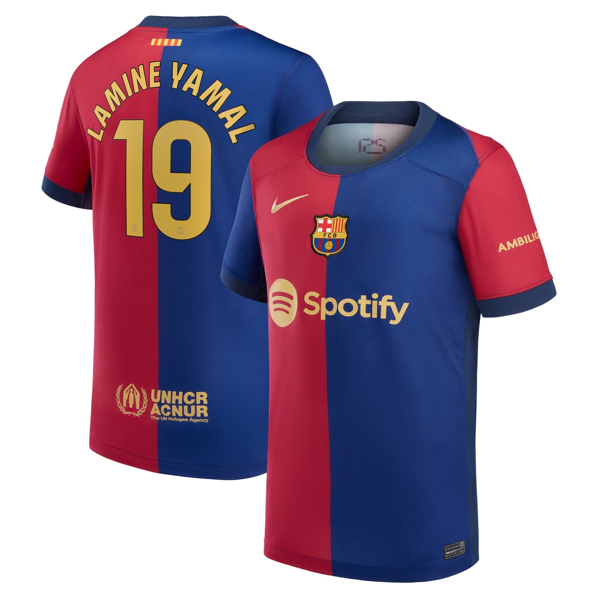 Nike Lamine Yamal Barcelona jersey 2025 with red and blue design and number 19 on the back