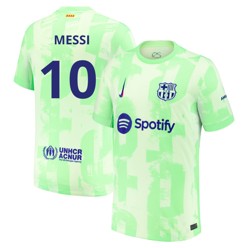 Nike Messi Barcelona 2025 jersey in light green with blue number 10 and sponsor logos front and back