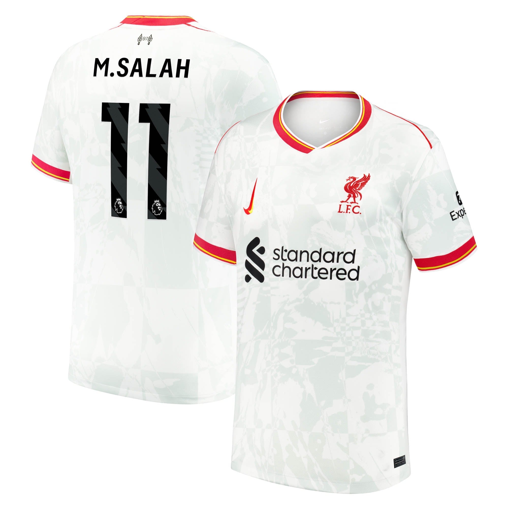 Nike Mohamed Salah Liverpool 2025 jersey in white with red accents, number 11 and Liverpool crest