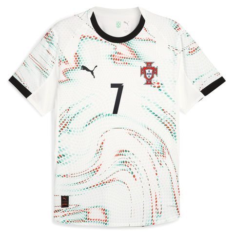 Puma Cristiano Ronaldo Portugal away jersey 2025 with white base and colorful wave pattern
