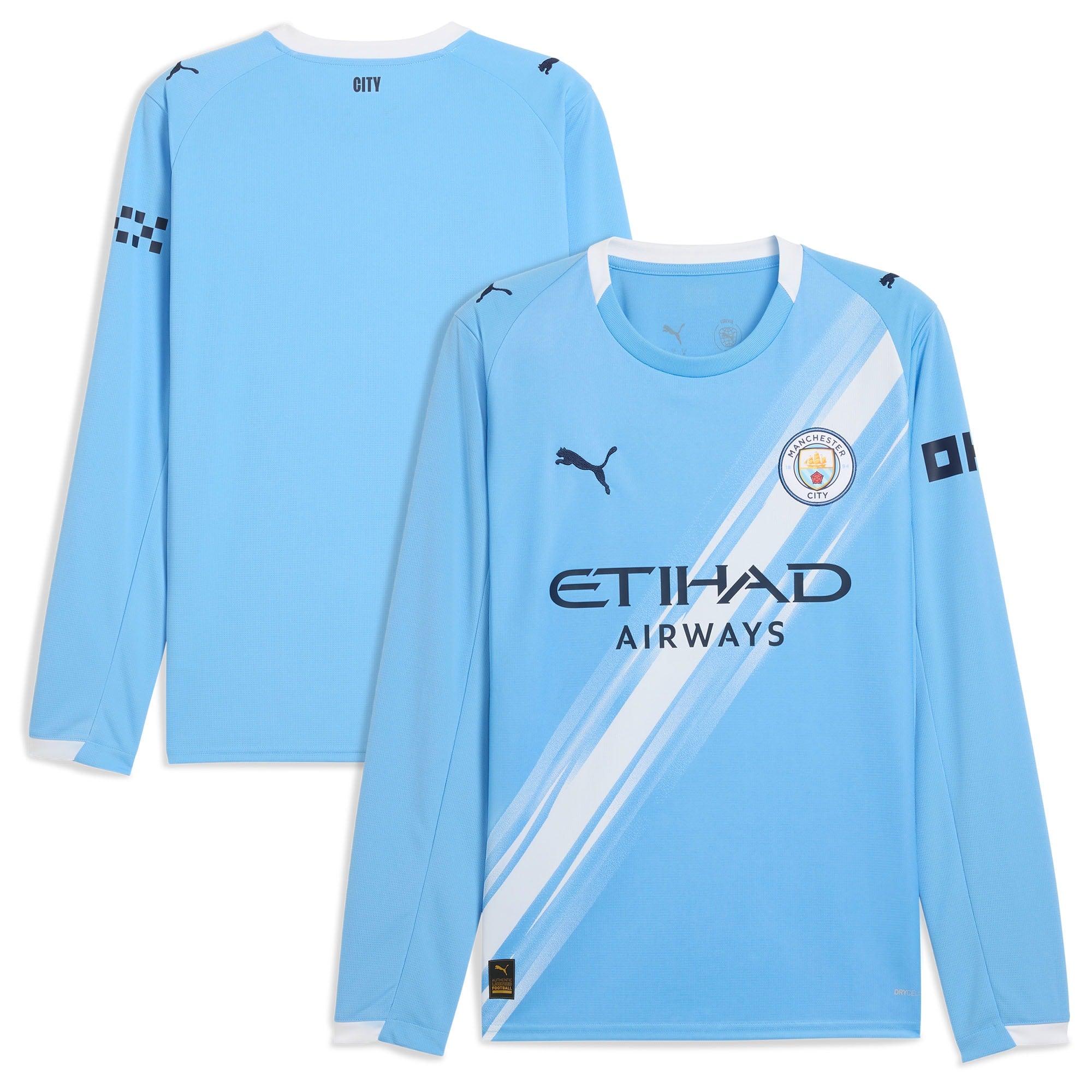 Manchester City 2025 home Puma jersey long sleeve in sky blue with Etihad Airways logo and club crest