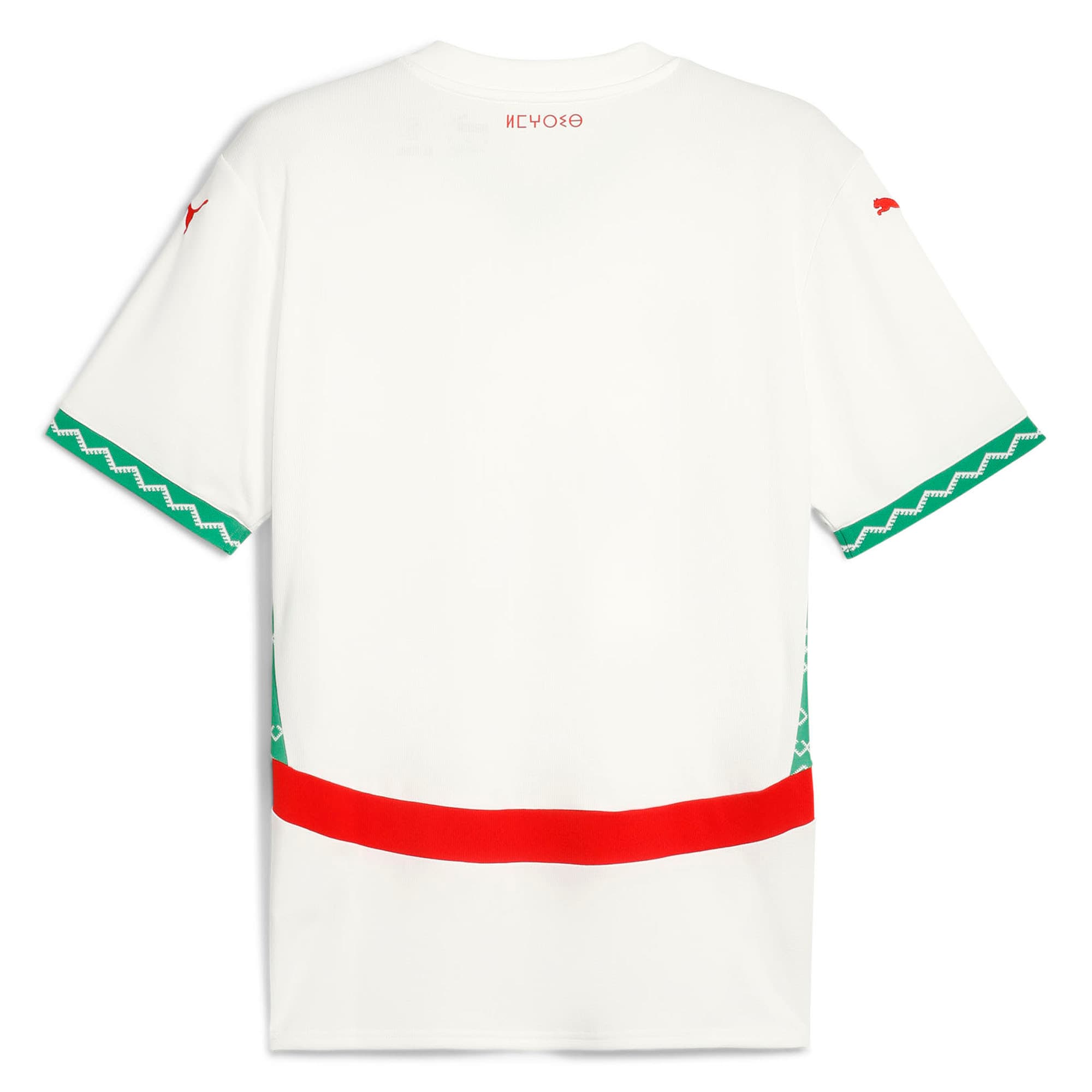 Puma Morocco 2025 away jersey in white with green zigzag trim and red horizontal stripe on back