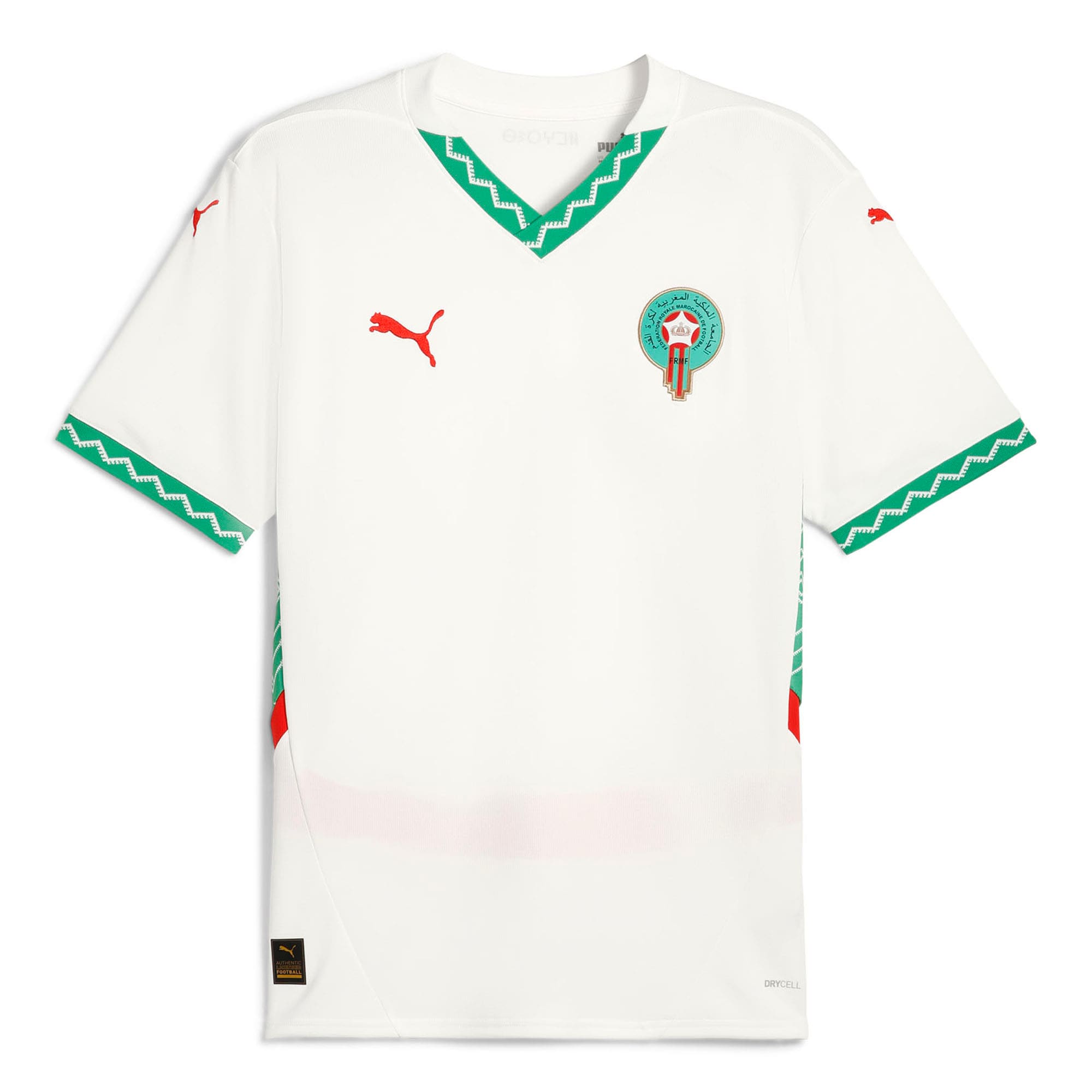 Puma Morocco 2025 away jersey in white with green and red accents and team crest on chest