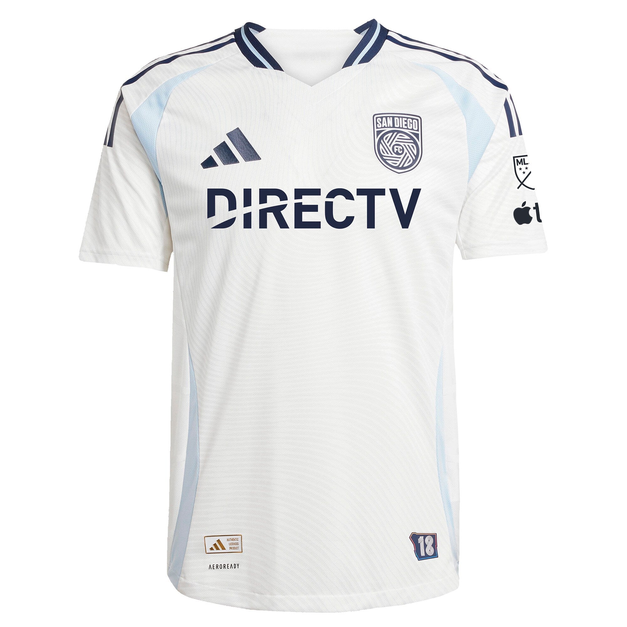 San Diego FC Adidas jersey 2025 white with navy blue accents and DIRECTV sponsor logo front