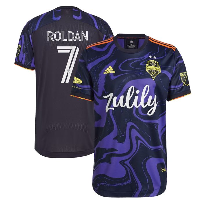 Cristian Roldan Seattle Sounders FC Unisex Shirt 2021 The Jimi Hendrix Kit Player Jersey - Purple